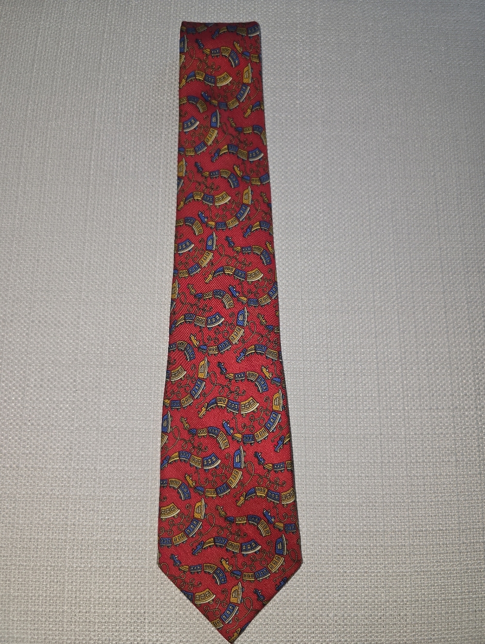 Salvatore Ferragamo Men's Tie 100% Silk Red Trains Pattern